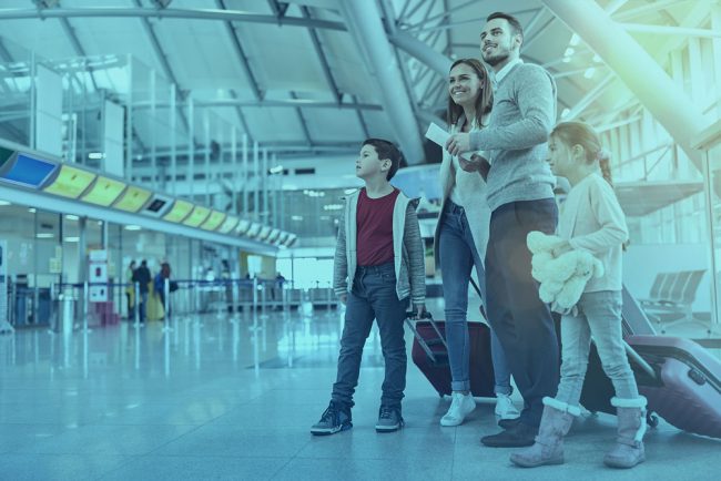 Family at departure airport passenger flow management