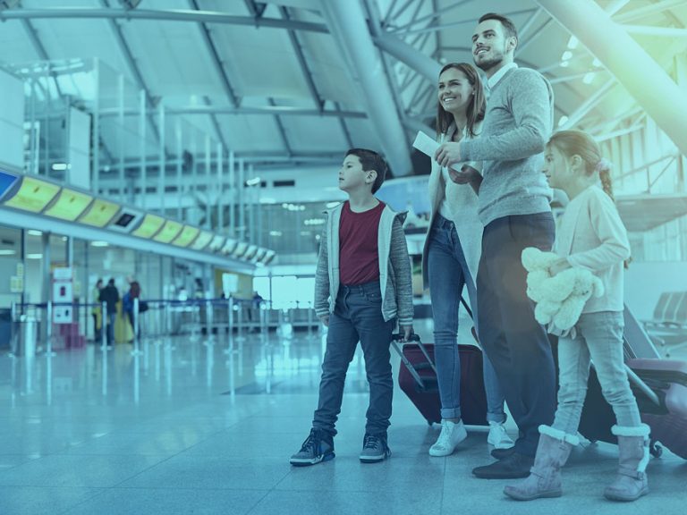 Family at departure airport passenger flow management